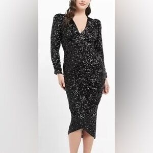 Express Black Sequin Ruched Wrap Dress with Bishop Sleeves